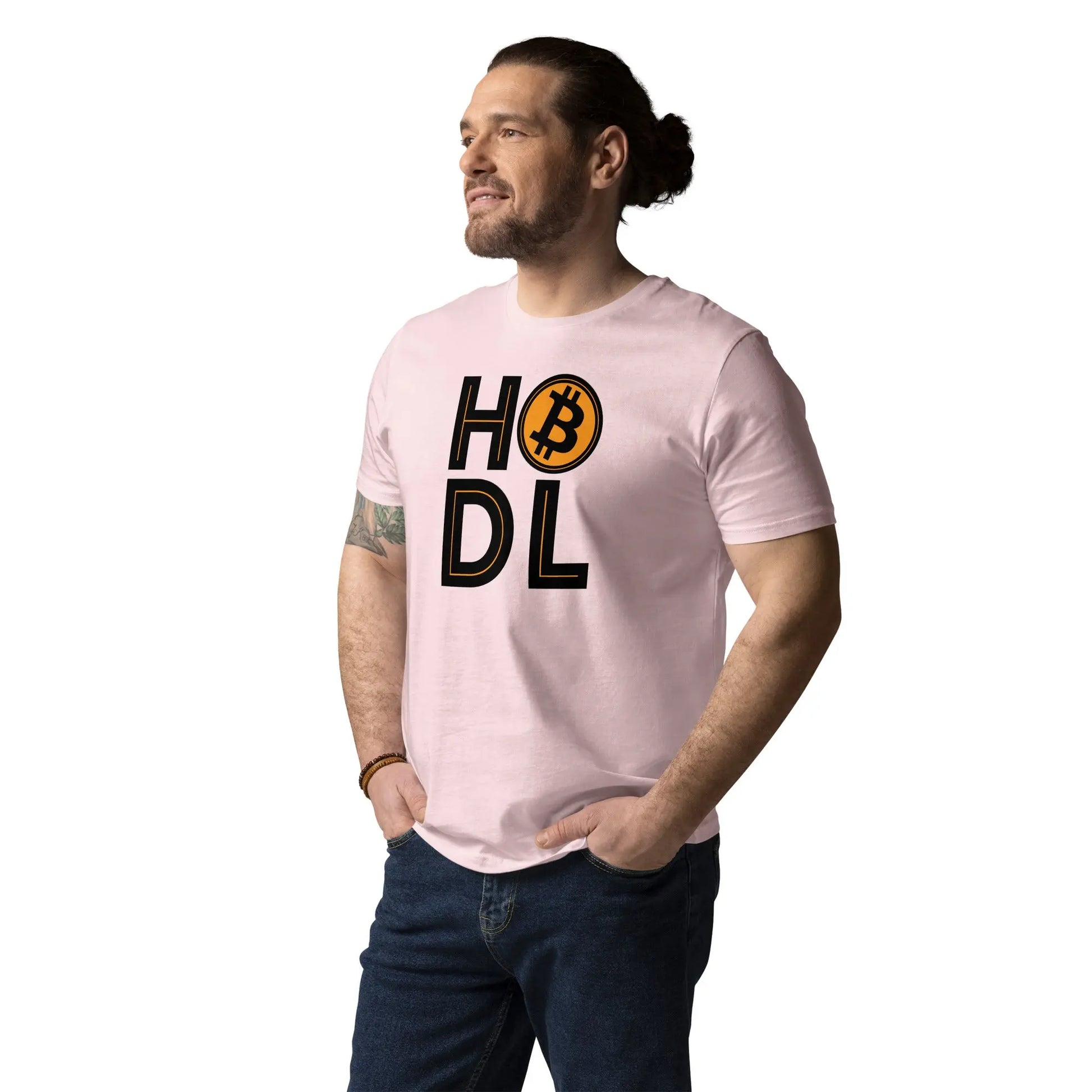HODL Bitcoin T-Shirt - worn on male model - pink
