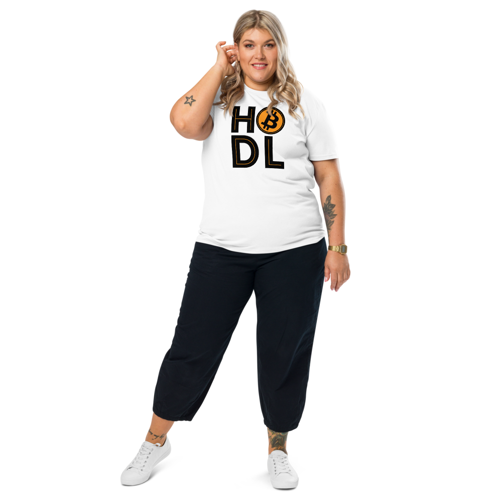 HODL Bitcoin T-Shirt front view on organic cotton tee - on model - white
