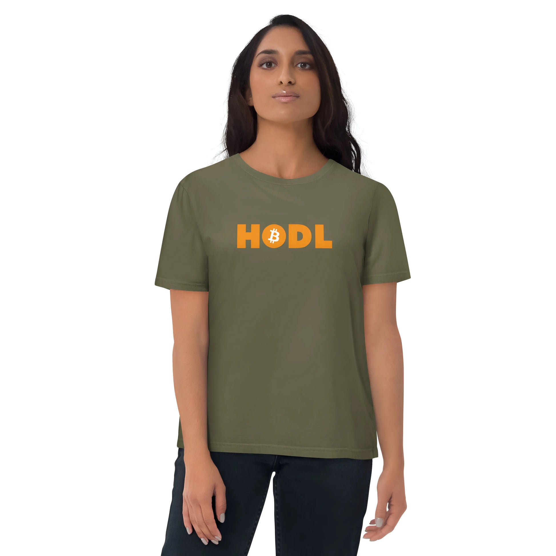 bitcoin t-shirt - hodl - worn on female model - green