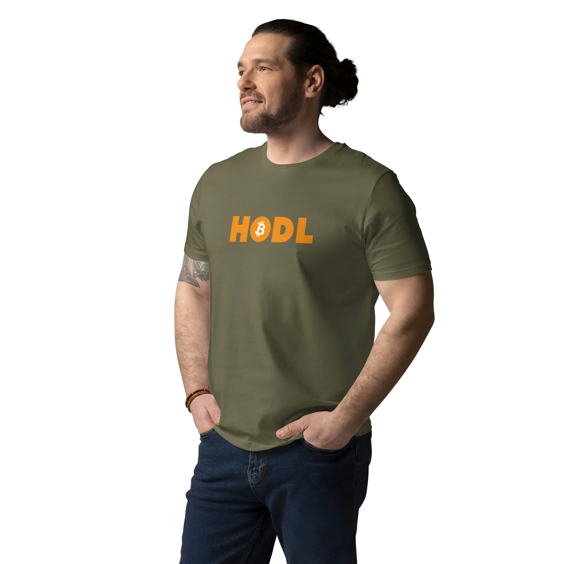 bitcoin t-shirt - hodl - front view - worn on male model - green