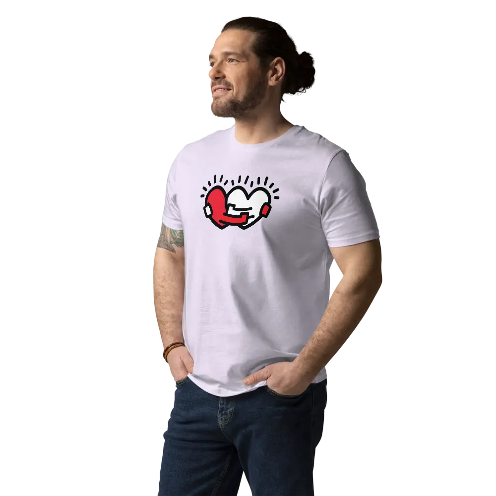 hug more t-shirt - front view - worn by male - lavender color