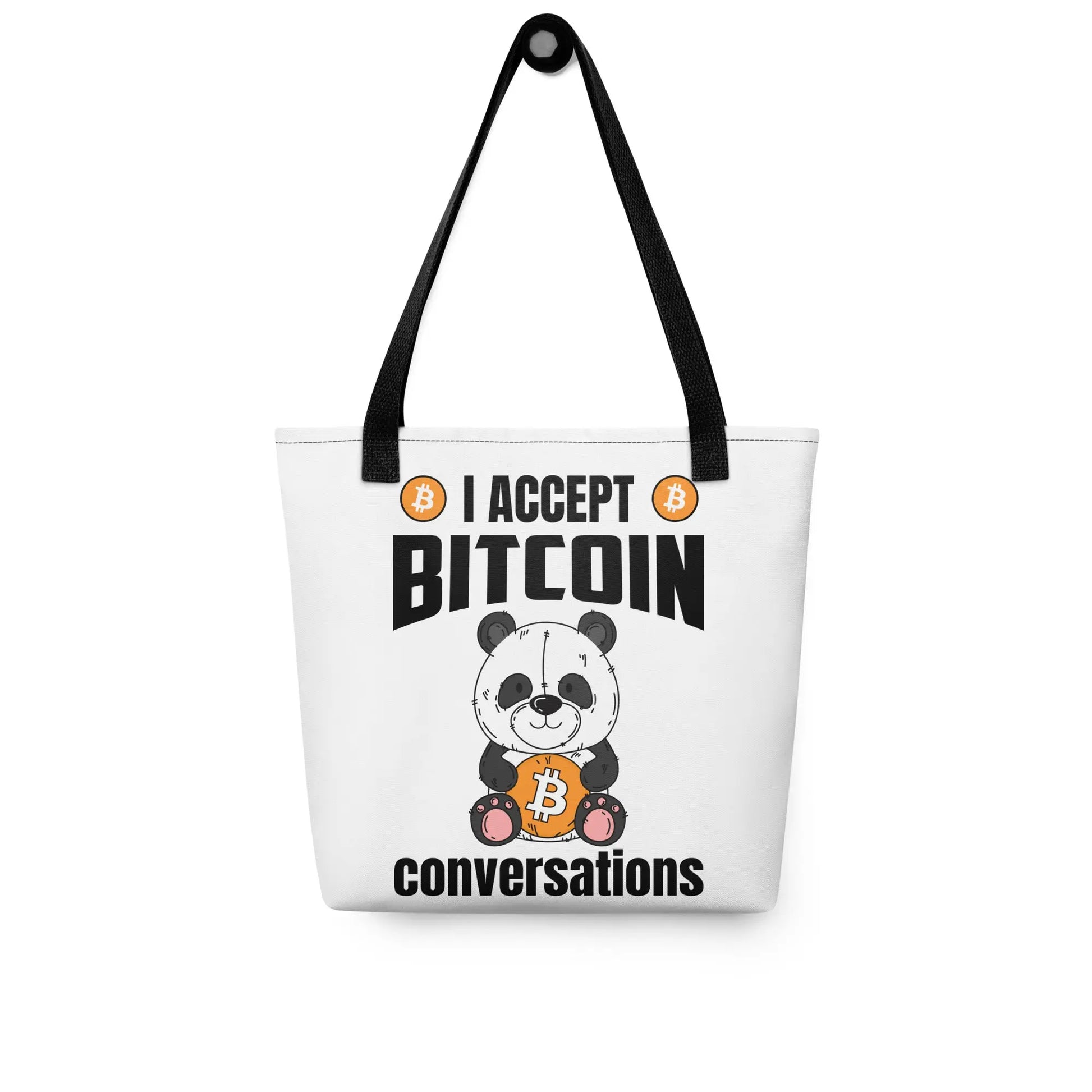 bitcoin tote bag - i accept bitcoin conversations - on hanger