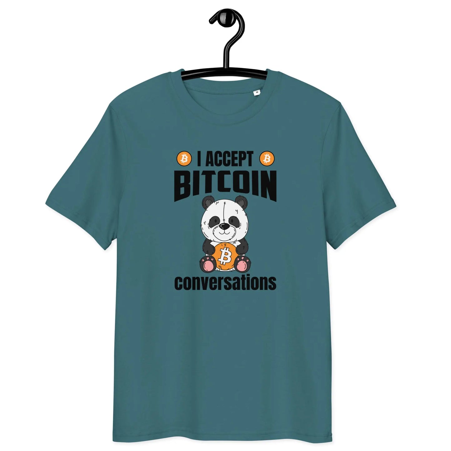 Bitcoin T-Shirt – I Accept Bitcoin Conversations - on hanger - blue