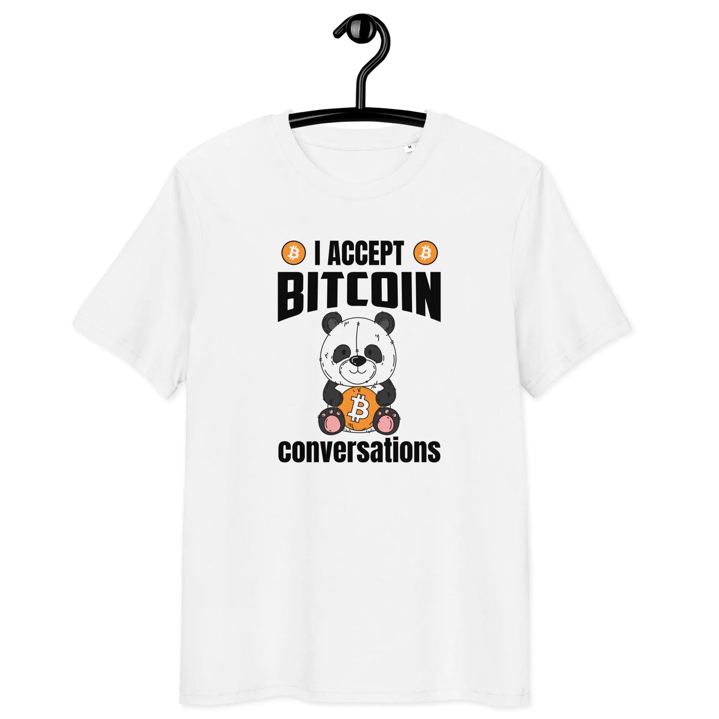 Bitcoin T-Shirt – I Accept Bitcoin Conversations - on hanger - white