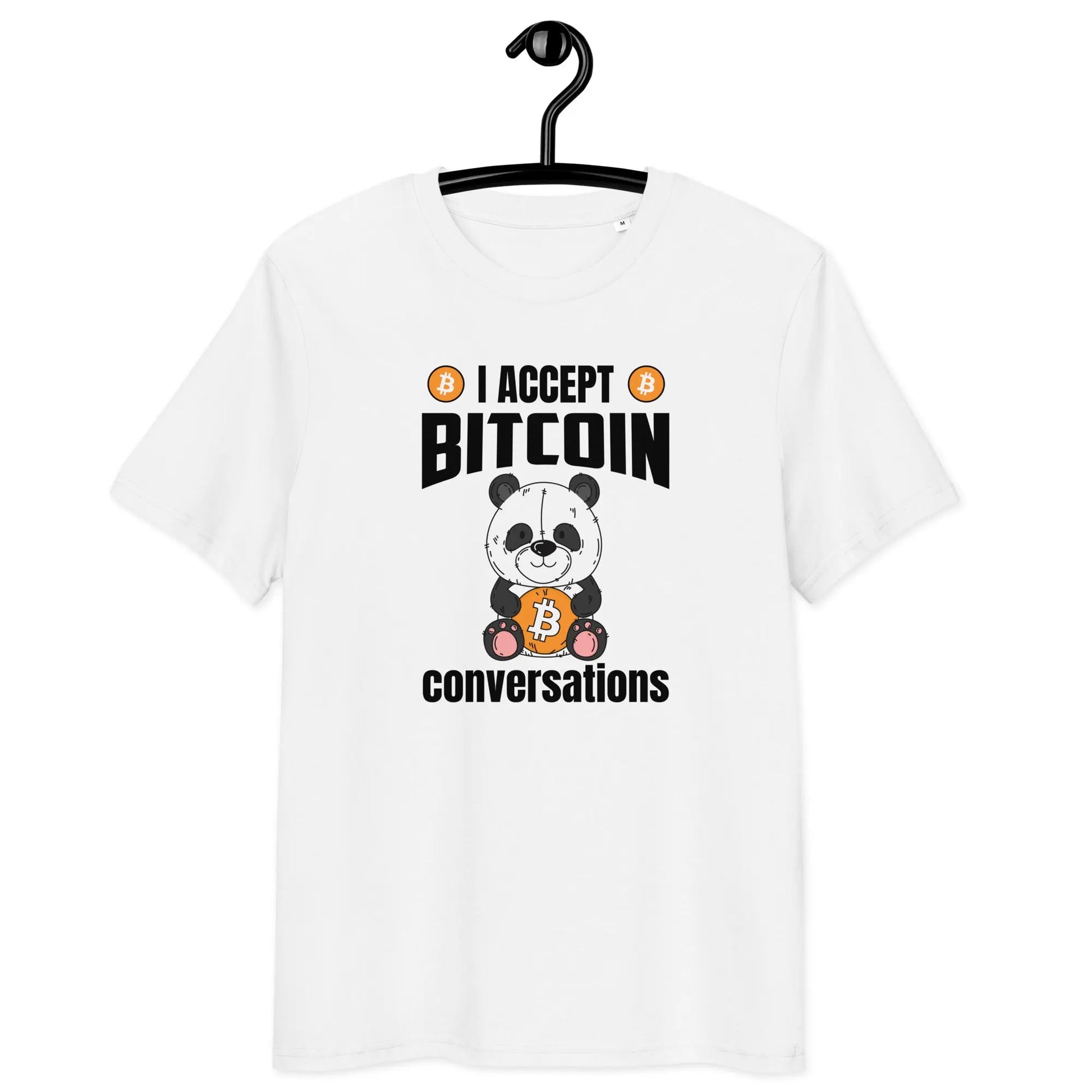 Bitcoin T-Shirt – I Accept Bitcoin Conversations - on hanger - white