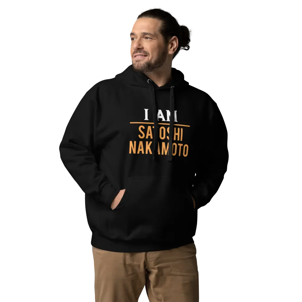 bitcoin hoodie - i am satoshi nakamoto - worn by male model