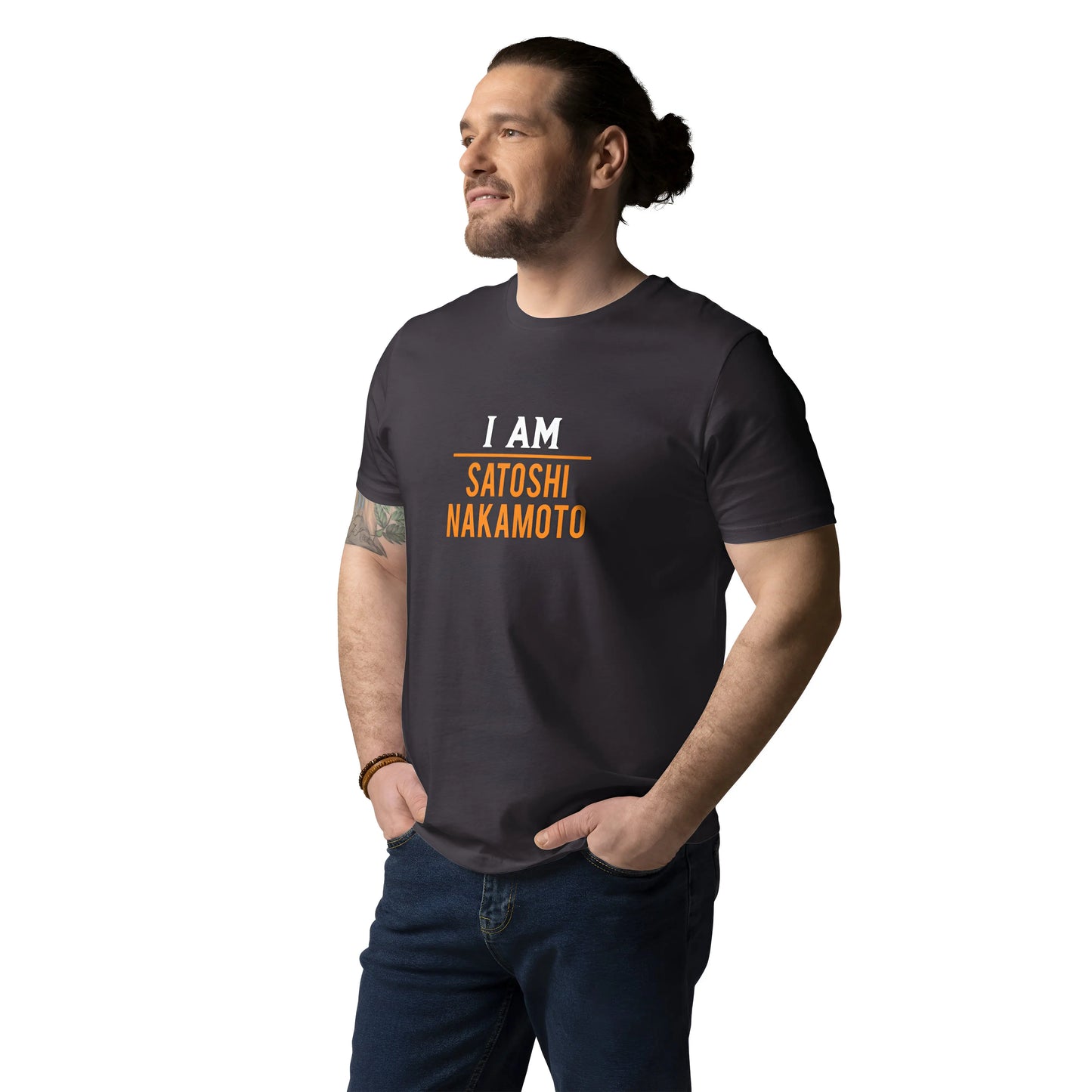 bitcoin t-shirt - i am satoshi nakamoto - Anthracite - worn on model