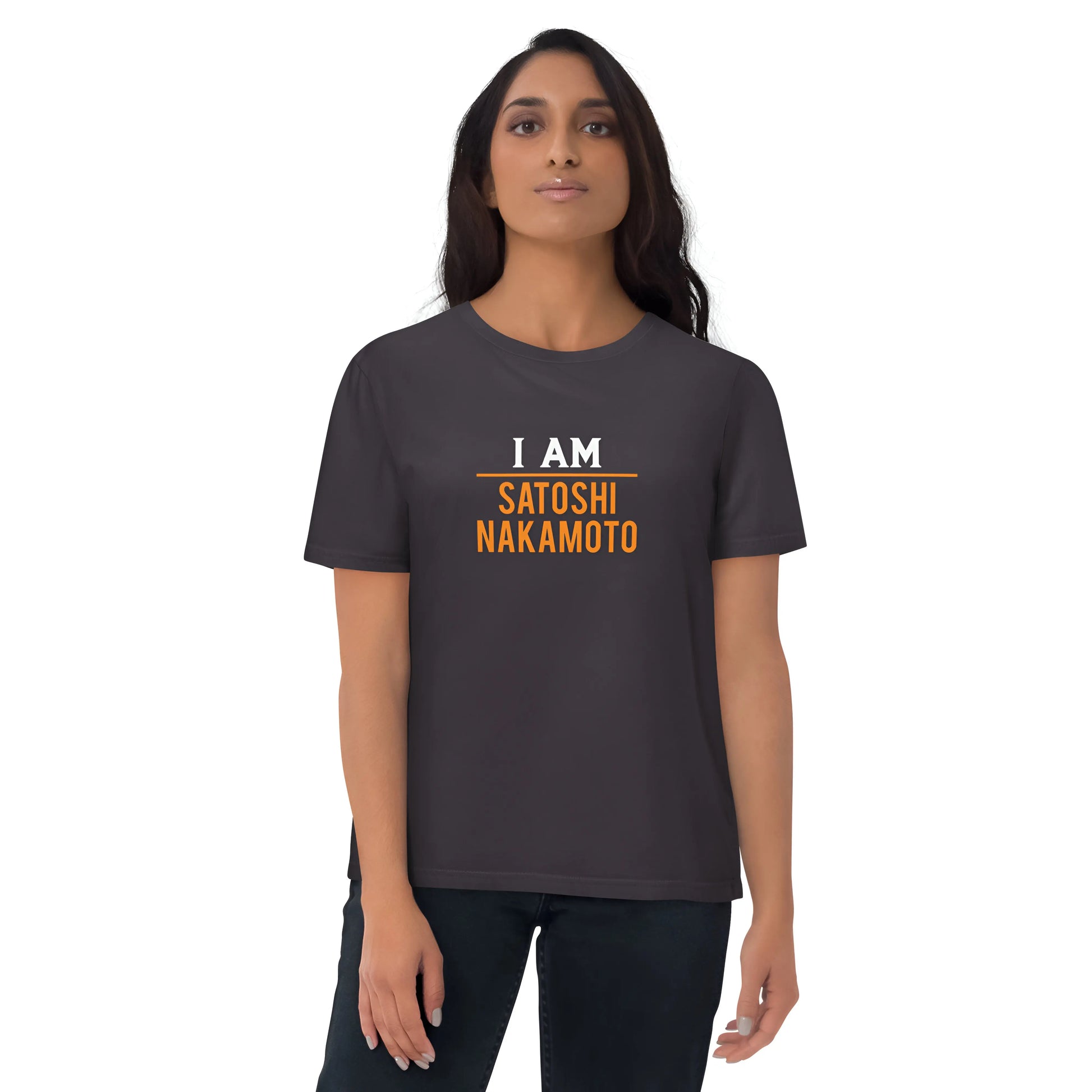 I AM Satoshi Nakamoto - Bitcoin T-shirt - worn on female model