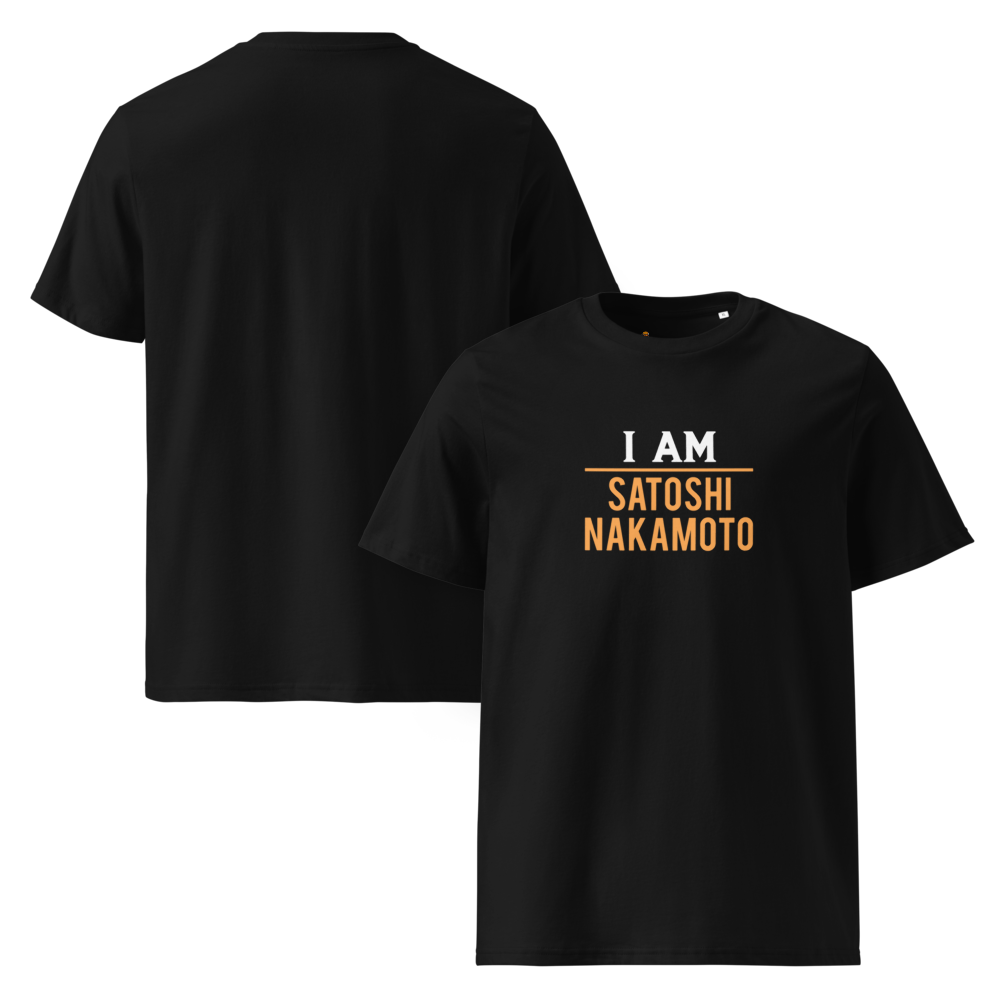 bitcoin t-shirt - i am satoshi nakamoto - front and back view - black