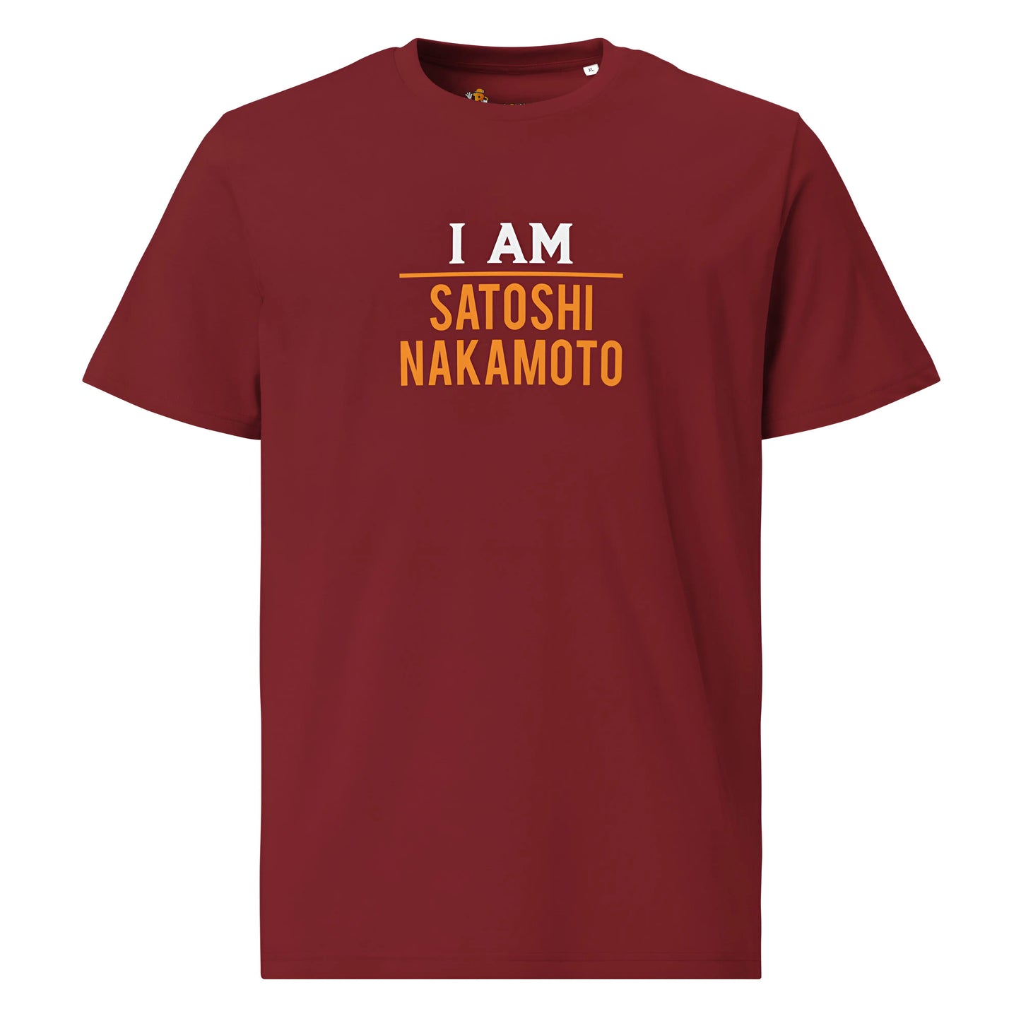 bitcoin t-shirt - i am satoshi nakamoto - front view - burgundy red