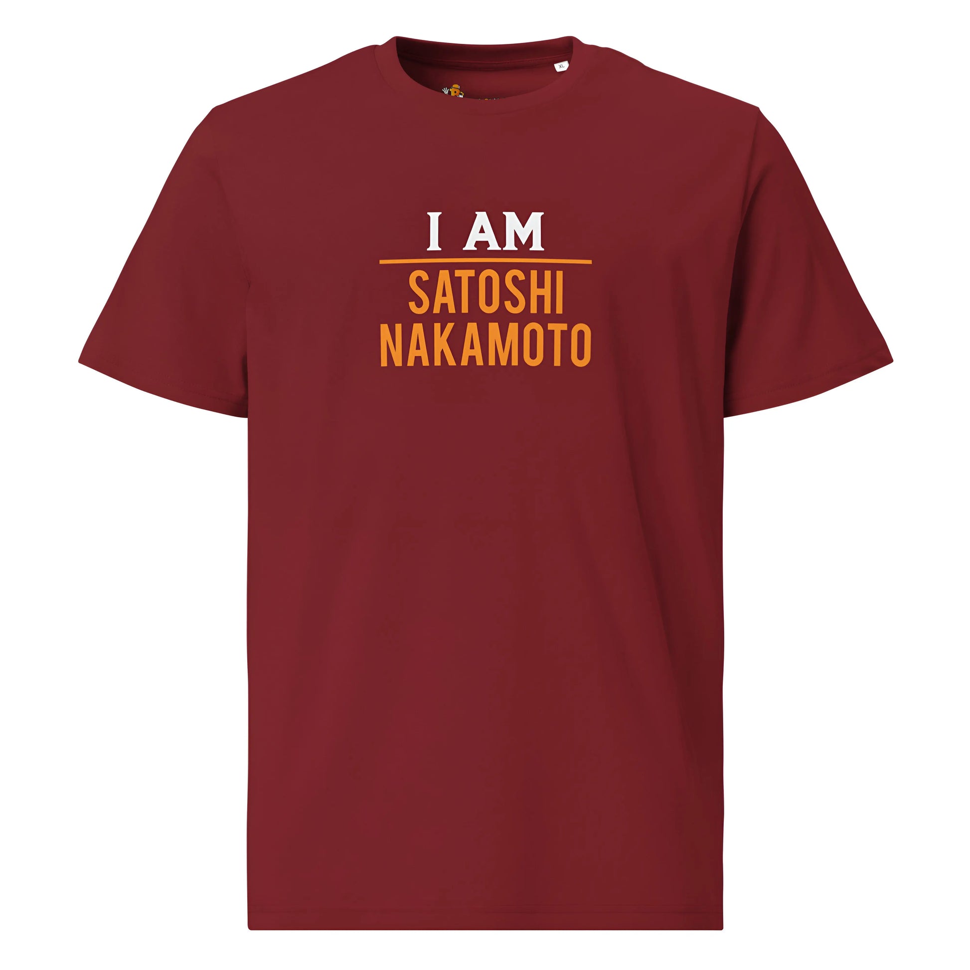 bitcoin t-shirt - i am satoshi nakamoto - front view - burgundy red