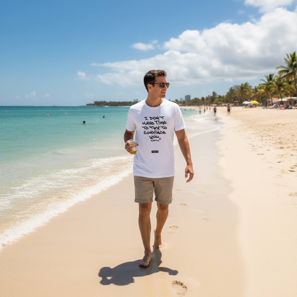 Bitcoin T-Shirt – I Don’t Have Time Sorry  - worn by male at the beach
