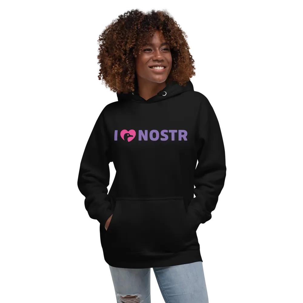 nostr hoodie - i love nostr design - worn on model - black