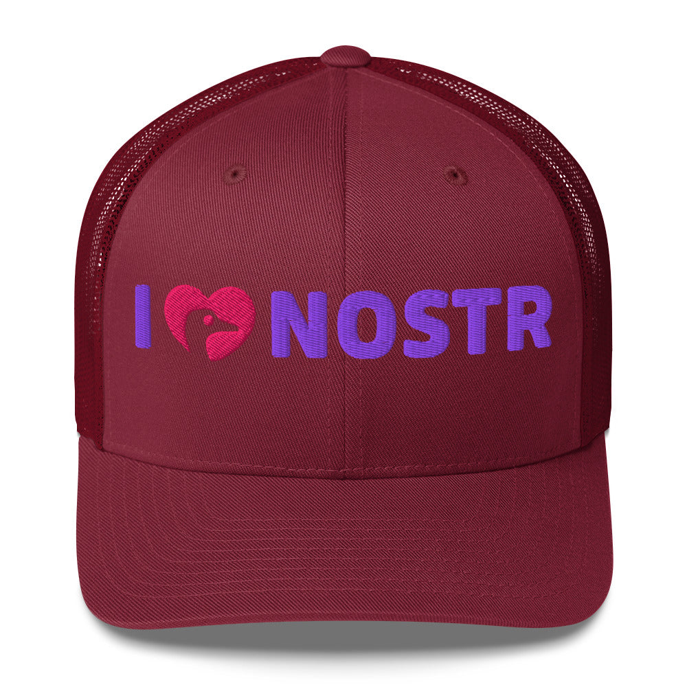 nostr trucker hat i love nostr front view cranberry