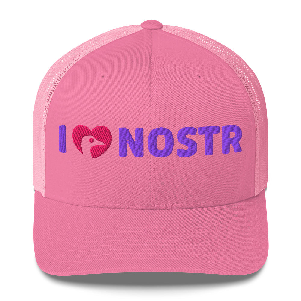 nostr trucker hat i love nostr front view pink