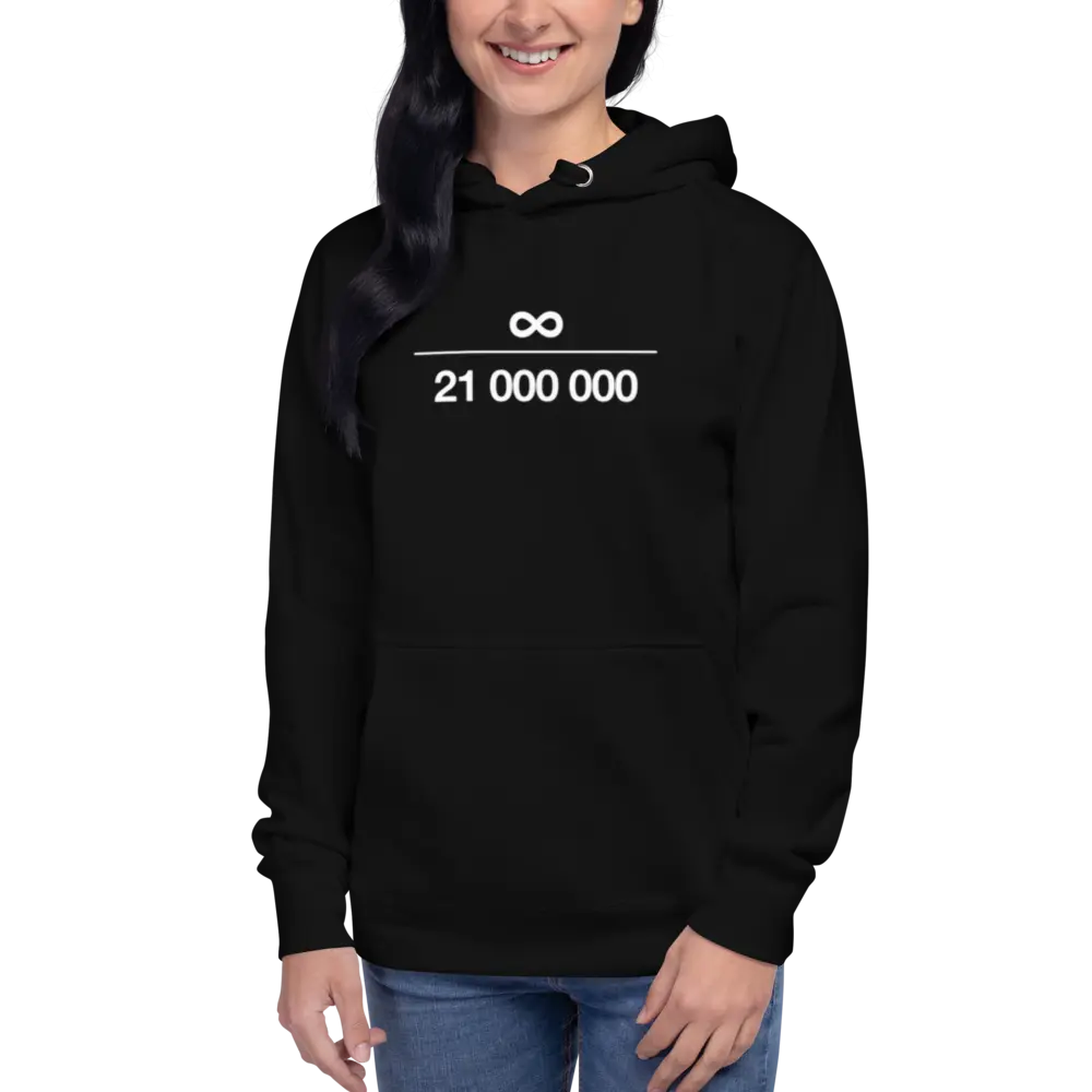 bitcoin hoodie - infinity 21m - worn by female model