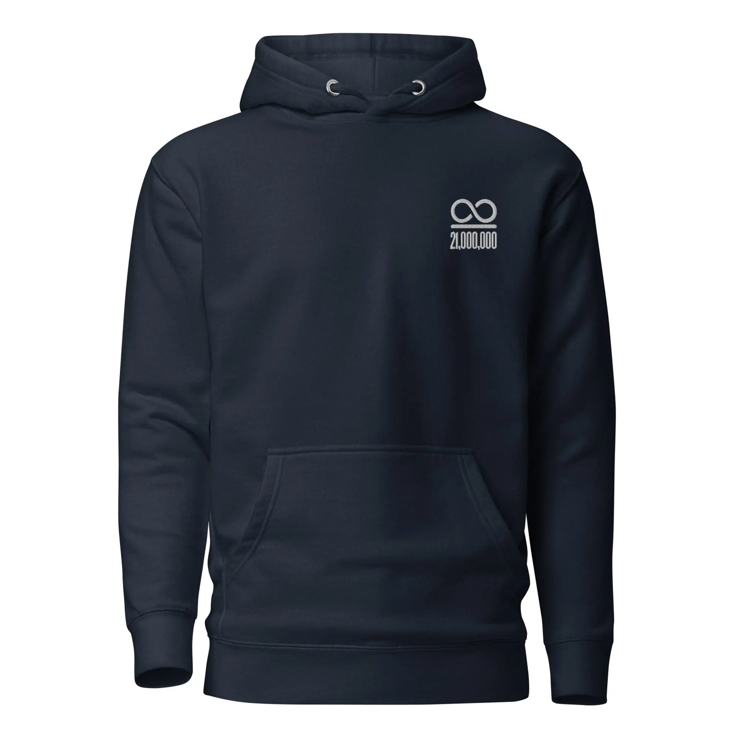 bitcoin hoodie - infinity divided by 21 million - front view - navy blue