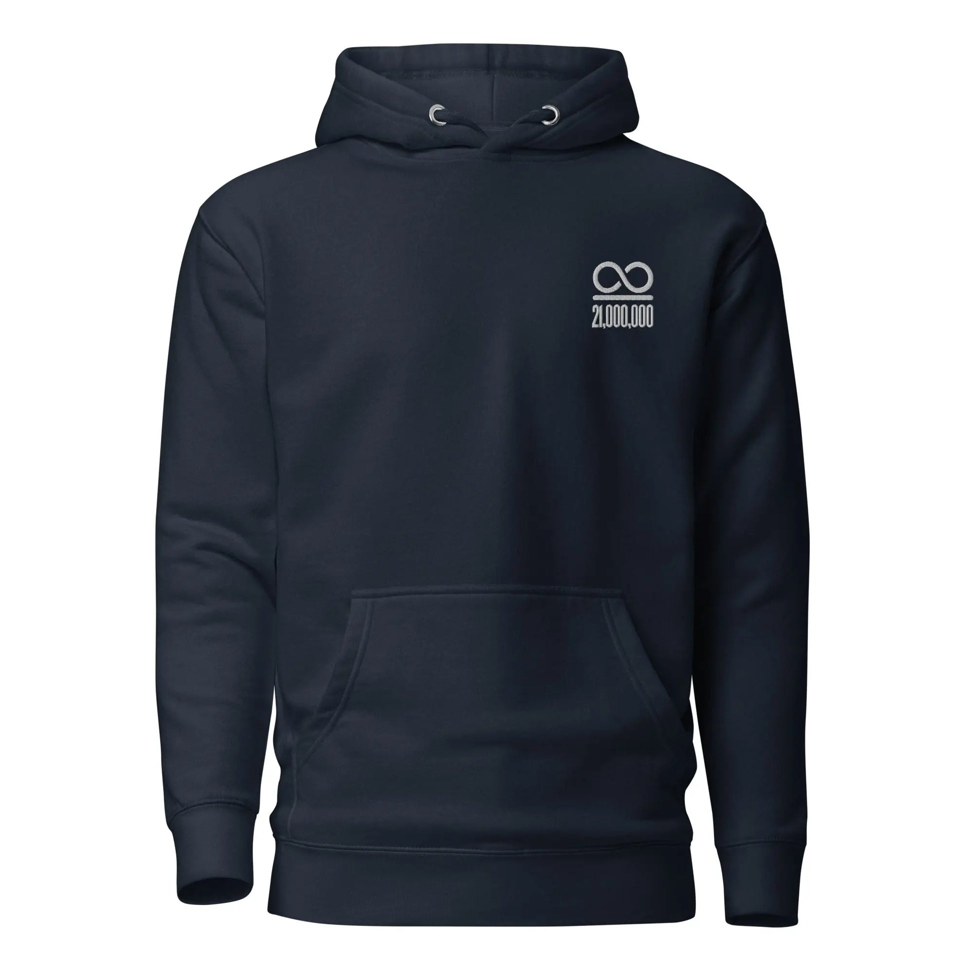 bitcoin hoodie - infinity divided by 21 million - front view - navy blue