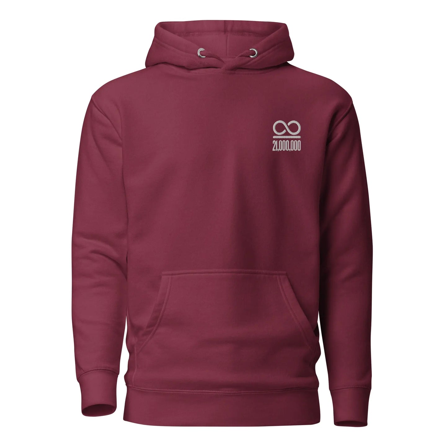 bitcoin hoodie - infinity divided by 21 million - front view - maroon