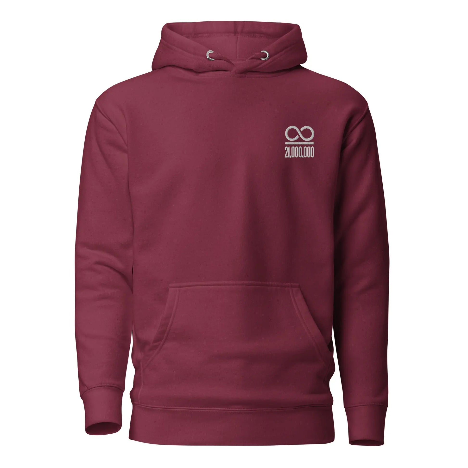 bitcoin hoodie - infinity divided by 21 million - front view - maroon