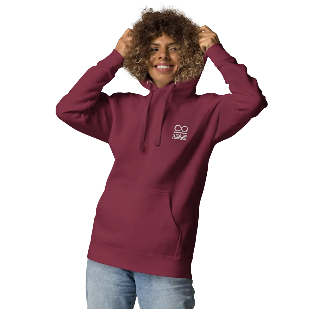 bitcoin hoodie - infinity divided by 21 million - front view - maroon