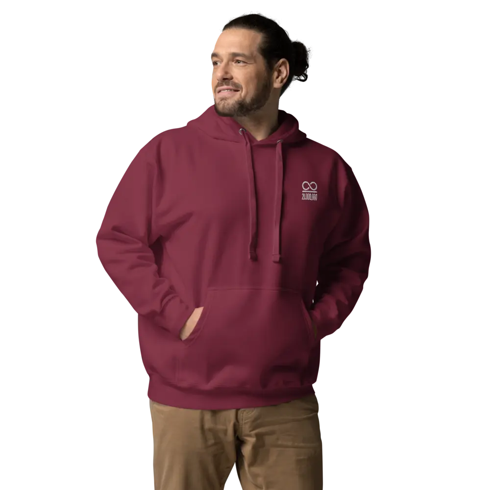 bitcoin hoodie - infinity divided by 21 million - front view - on model