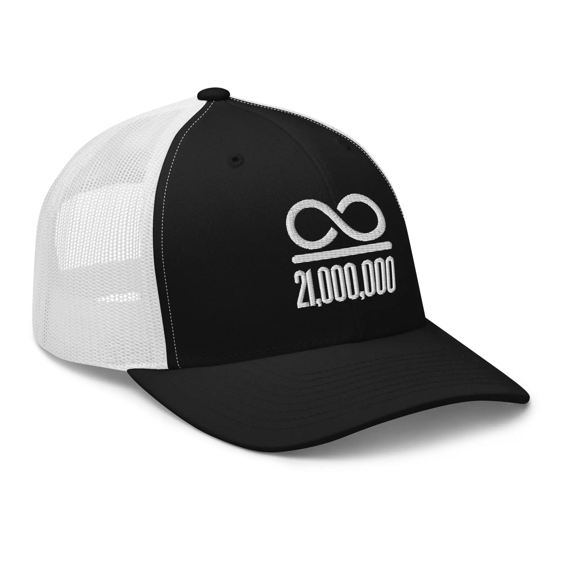 bitcoin trucker hat - infinity divided by 21 million - angled front view - black white