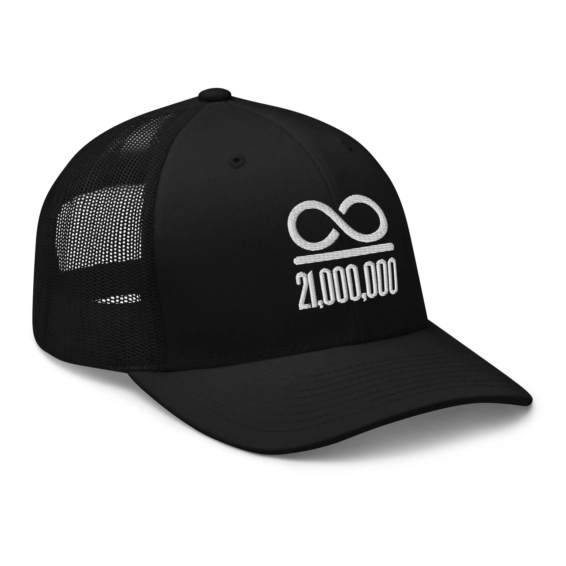 bitcoin trucker hat - infinity divided by 21 million - angled front view - Black