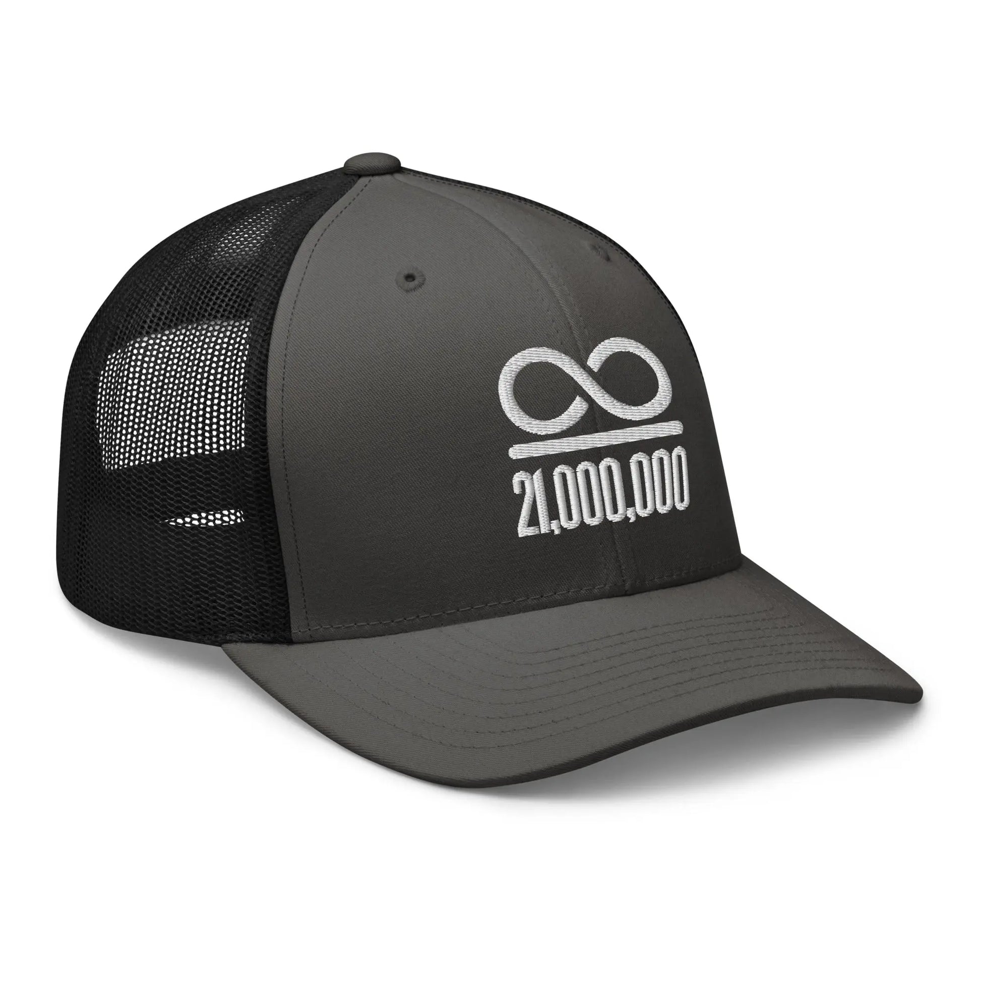 bitcoin trucker hat - infinity divided by 21 million - angled front view - charcoal black