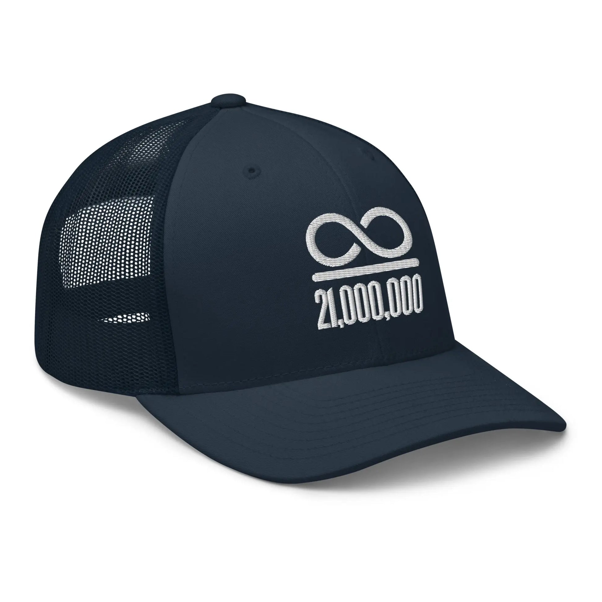 bitcoin trucker hat - infinity divided by 21 million - angled front view - navy