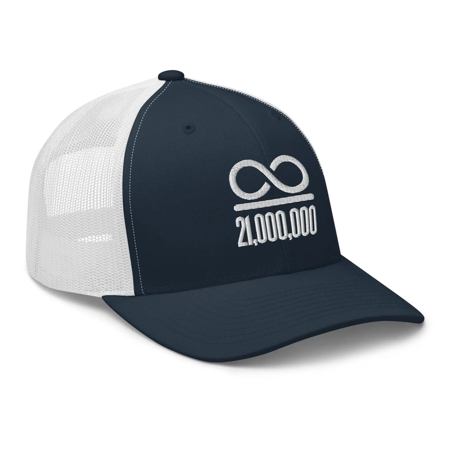 bitcoin trucker hat - infinity divided by 21 million - angled front view 