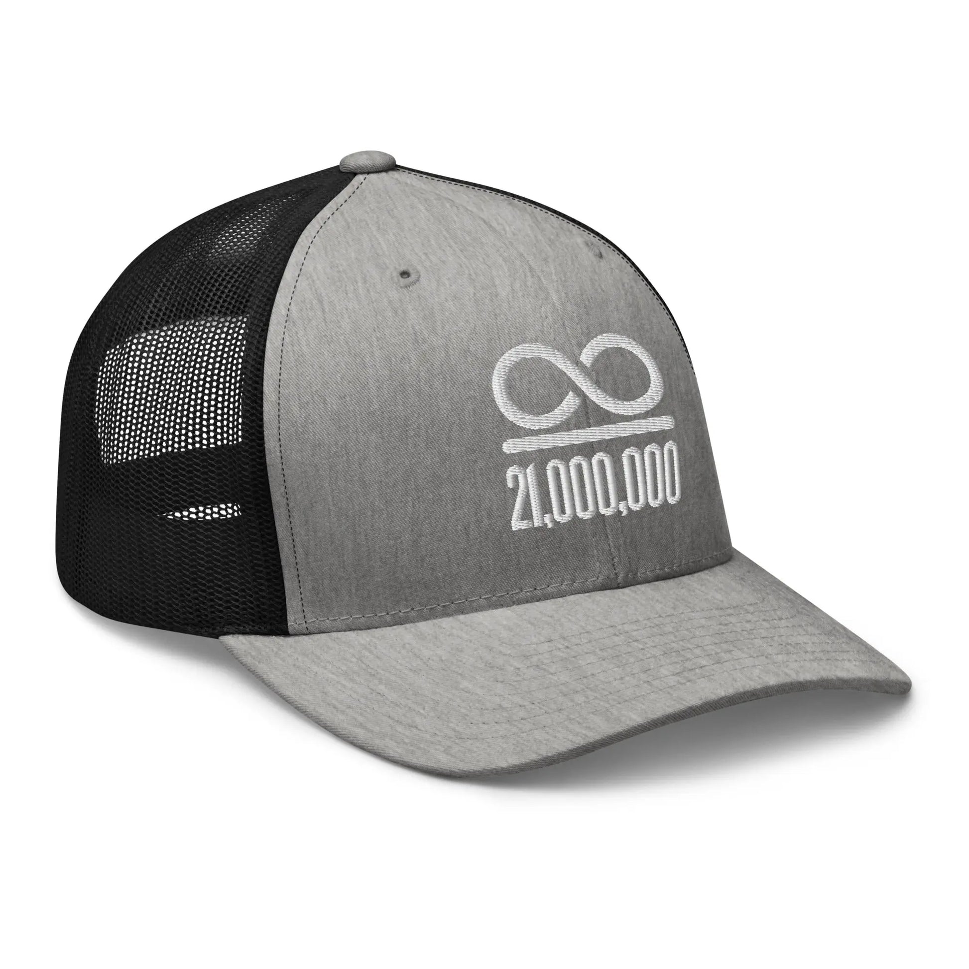 bitcoin trucker hat - infinity divided by 21 million - embroidery close-up - heather black