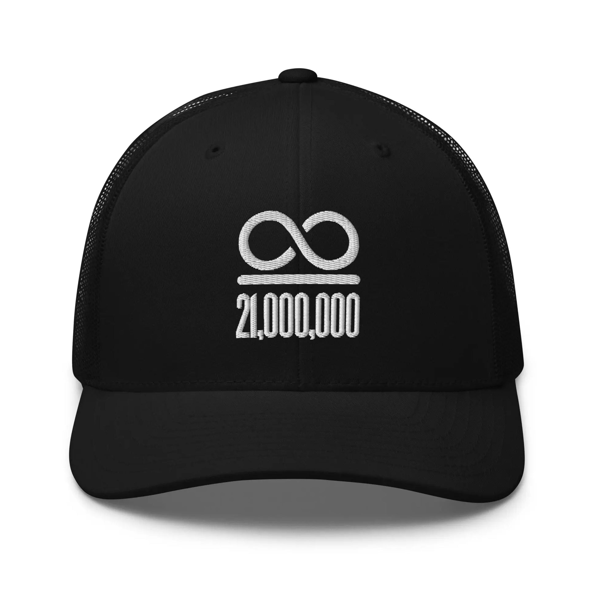 bitcoin trucker hat - infinity divided by 21 million - front view - Black