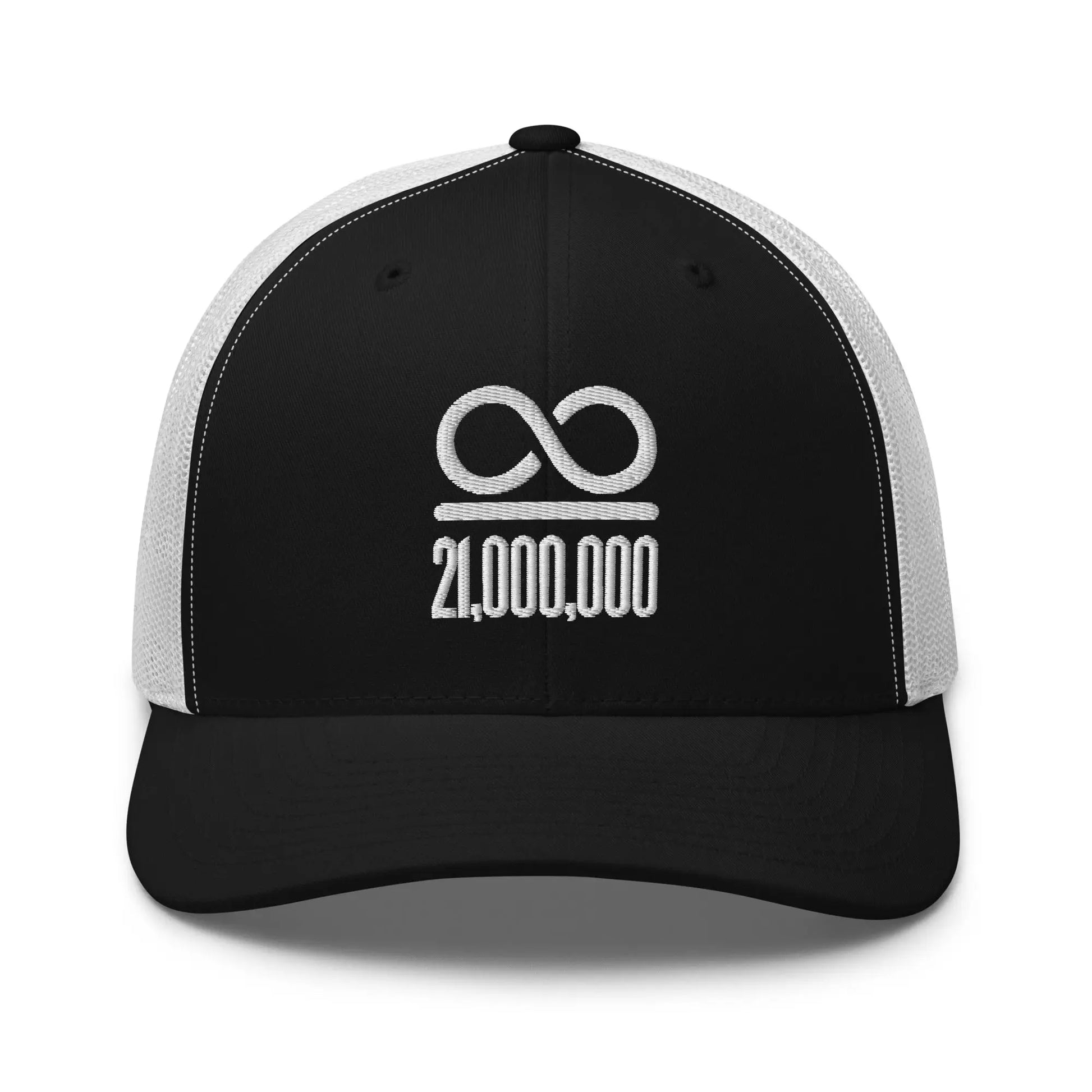 bitcoin trucker hat - infinity divided by 21 million - front view - black white