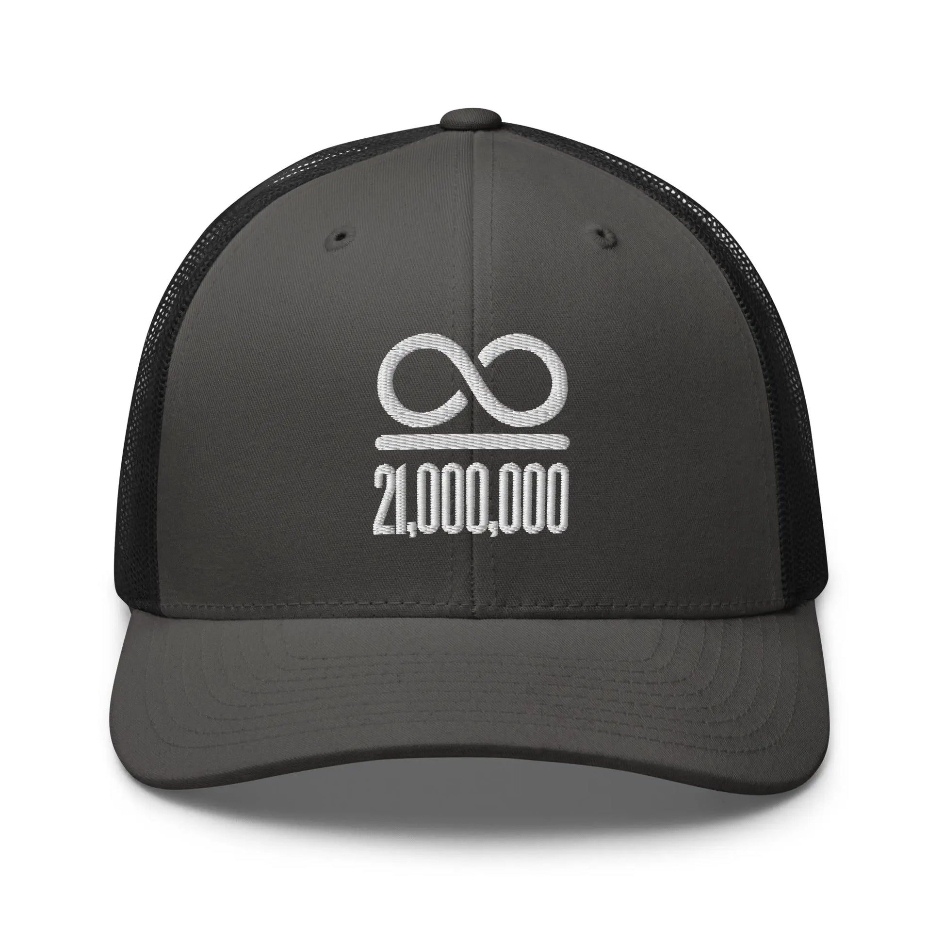 bitcoin trucker hat - infinity divided by 21 million - front view - charcoal black