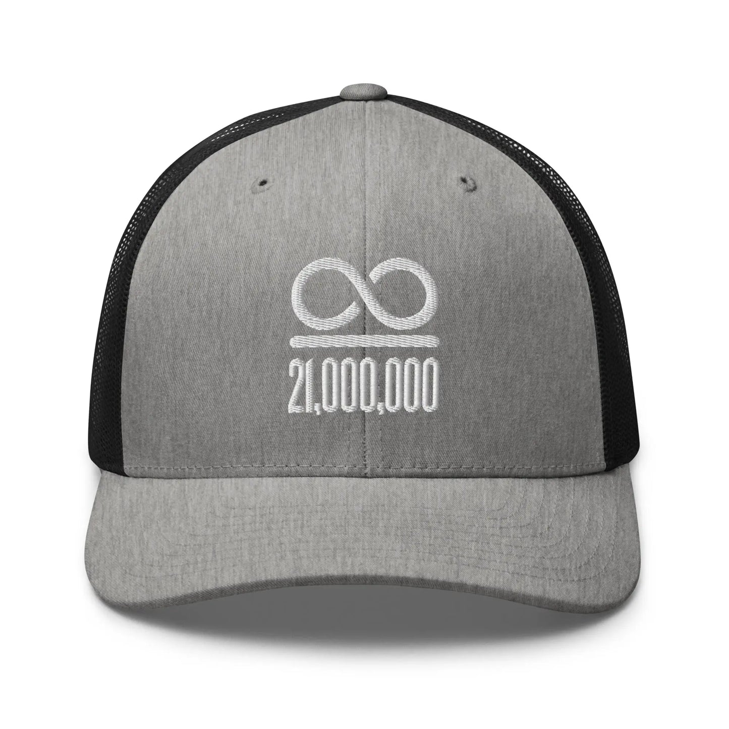 bitcoin trucker hat - infinity divided by 21 million - front view - heather black