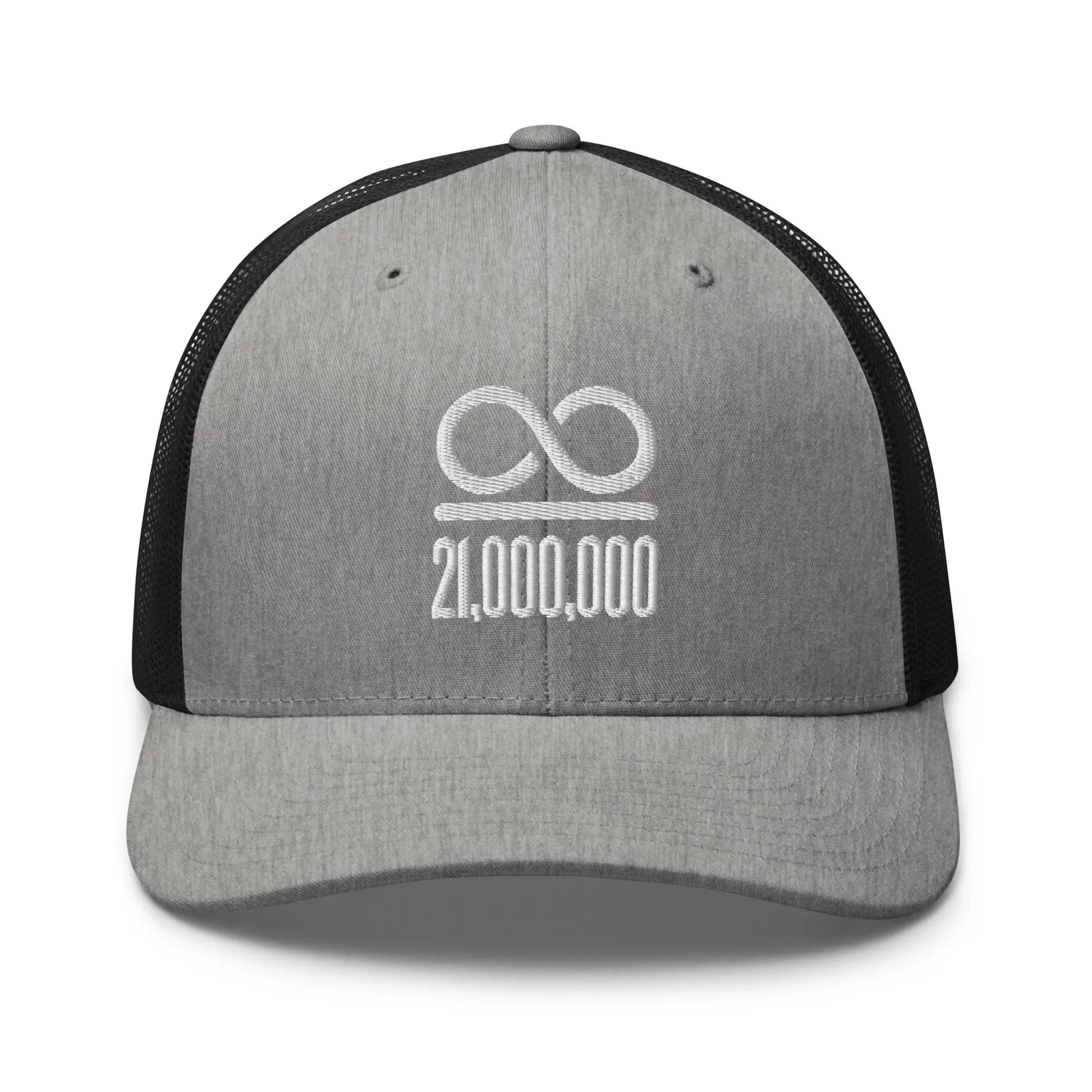bitcoin trucker hat - infinity divided by 21 million - front view - heather black