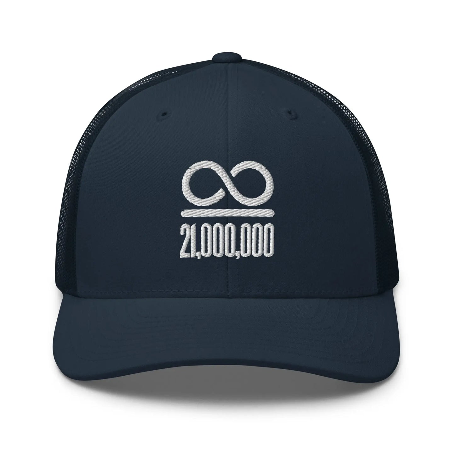 bitcoin trucker hat - infinity divided by 21 million - front view - navy