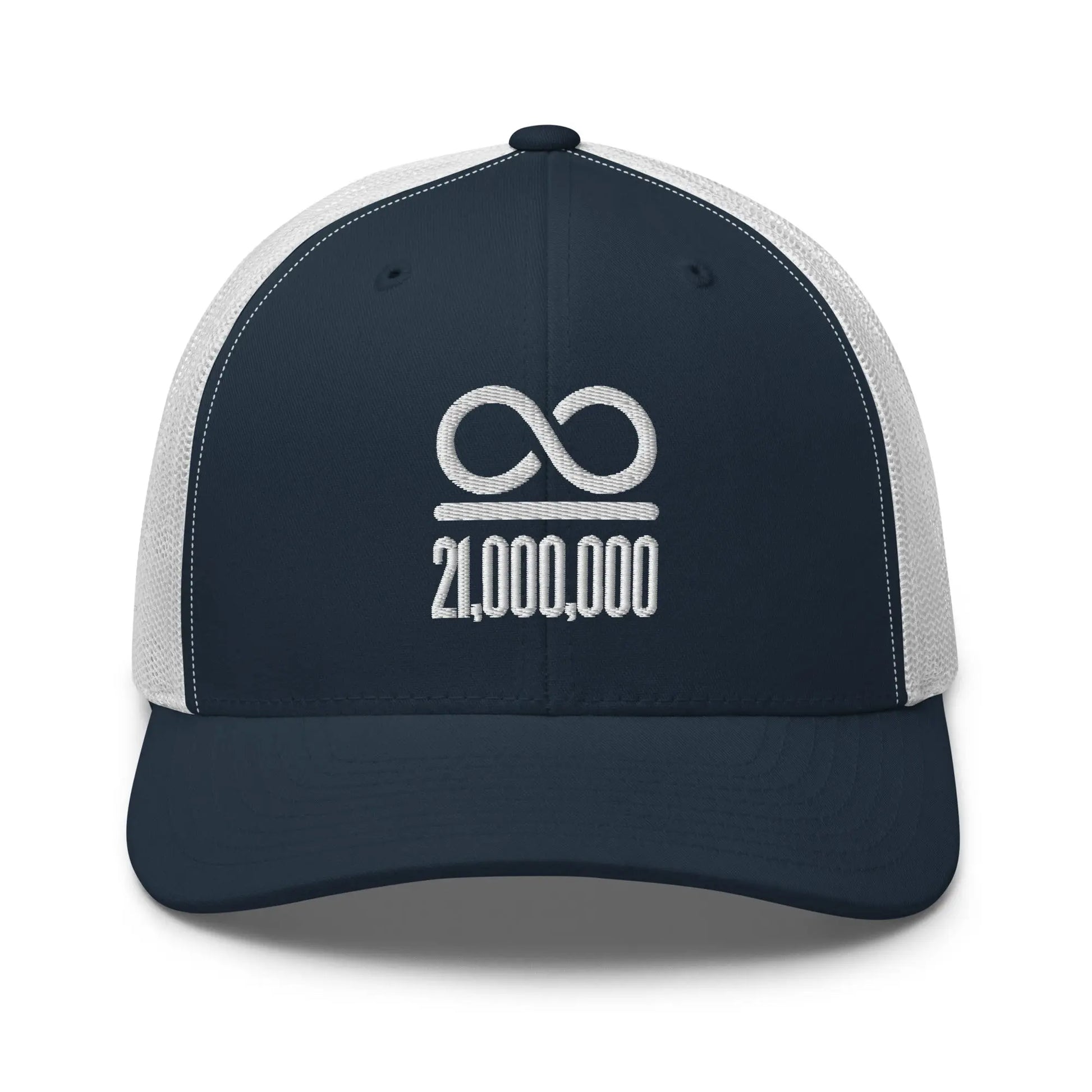 bitcoin trucker hat - infinity divided by 21 million - front view 
