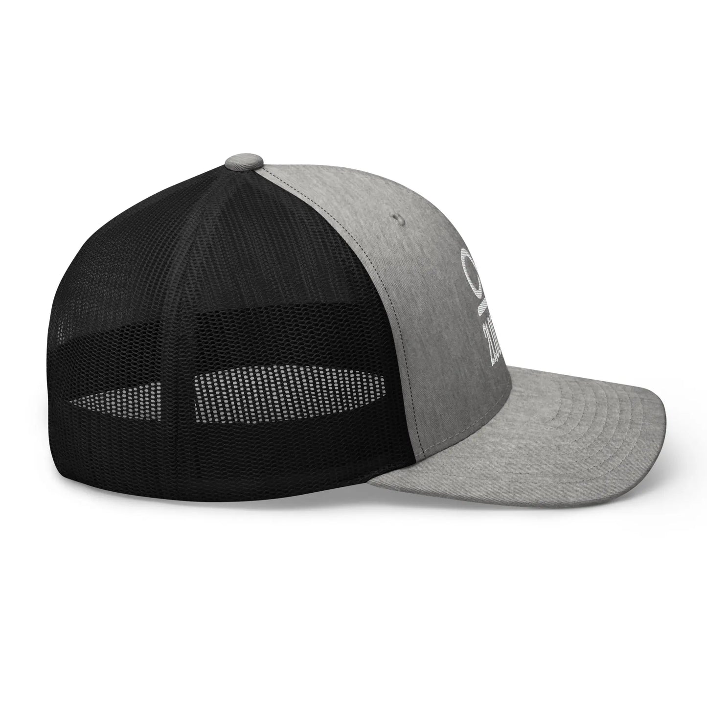 bitcoin trucker hat - infinity divided by 21 million - side view - heather black