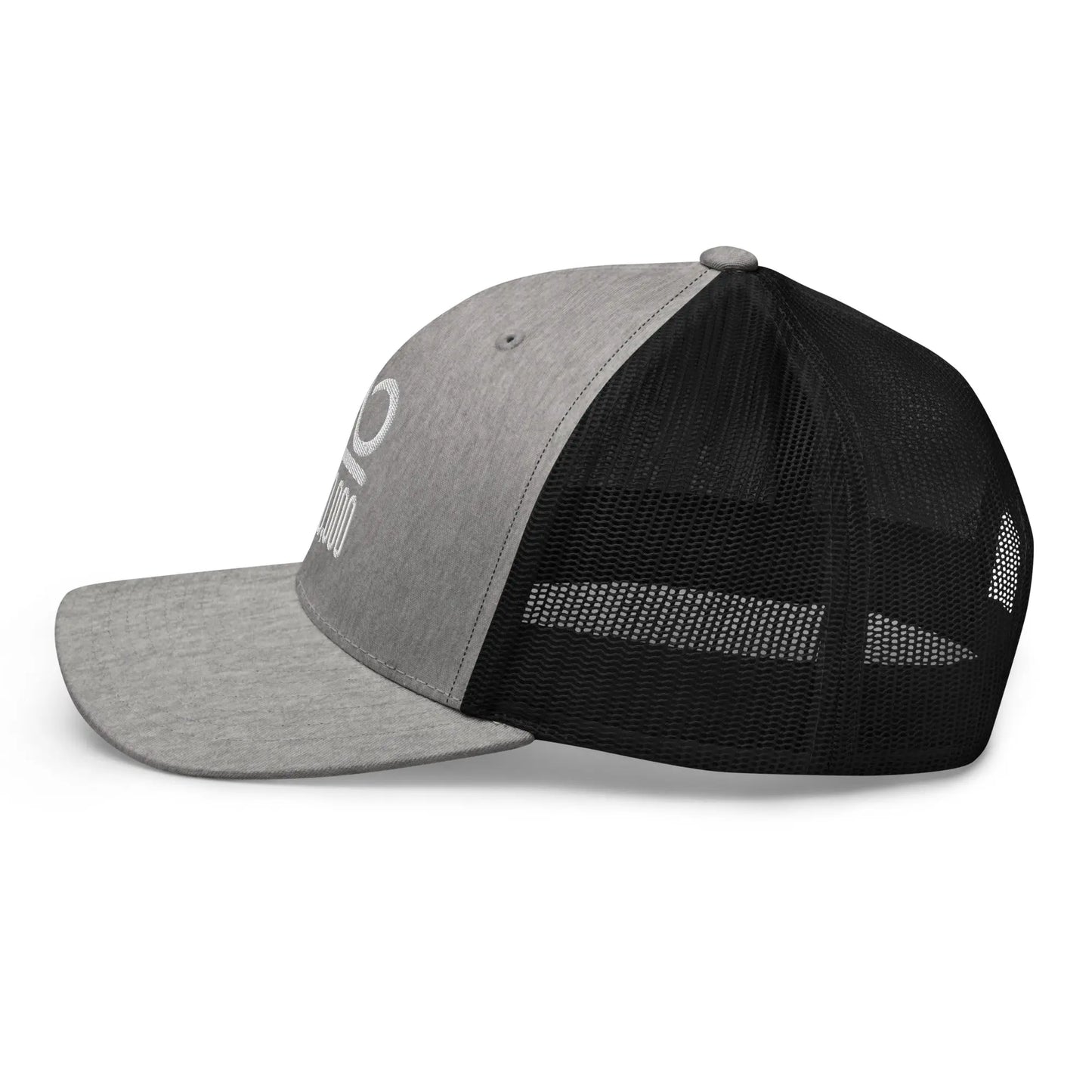 bitcoin trucker hat - infinity divided by 21 million - side view - heather black