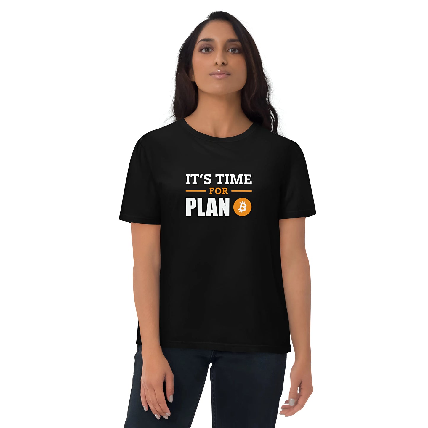 bitcoin t-shirt - it’s time for plan b - worn on female model - black