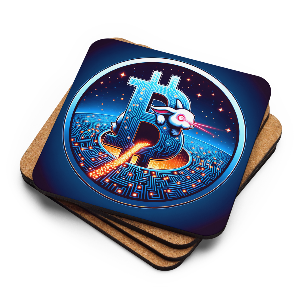 Stack of Laser Eyes Rabbit Bitcoin coasters showing cork backing and printed surface