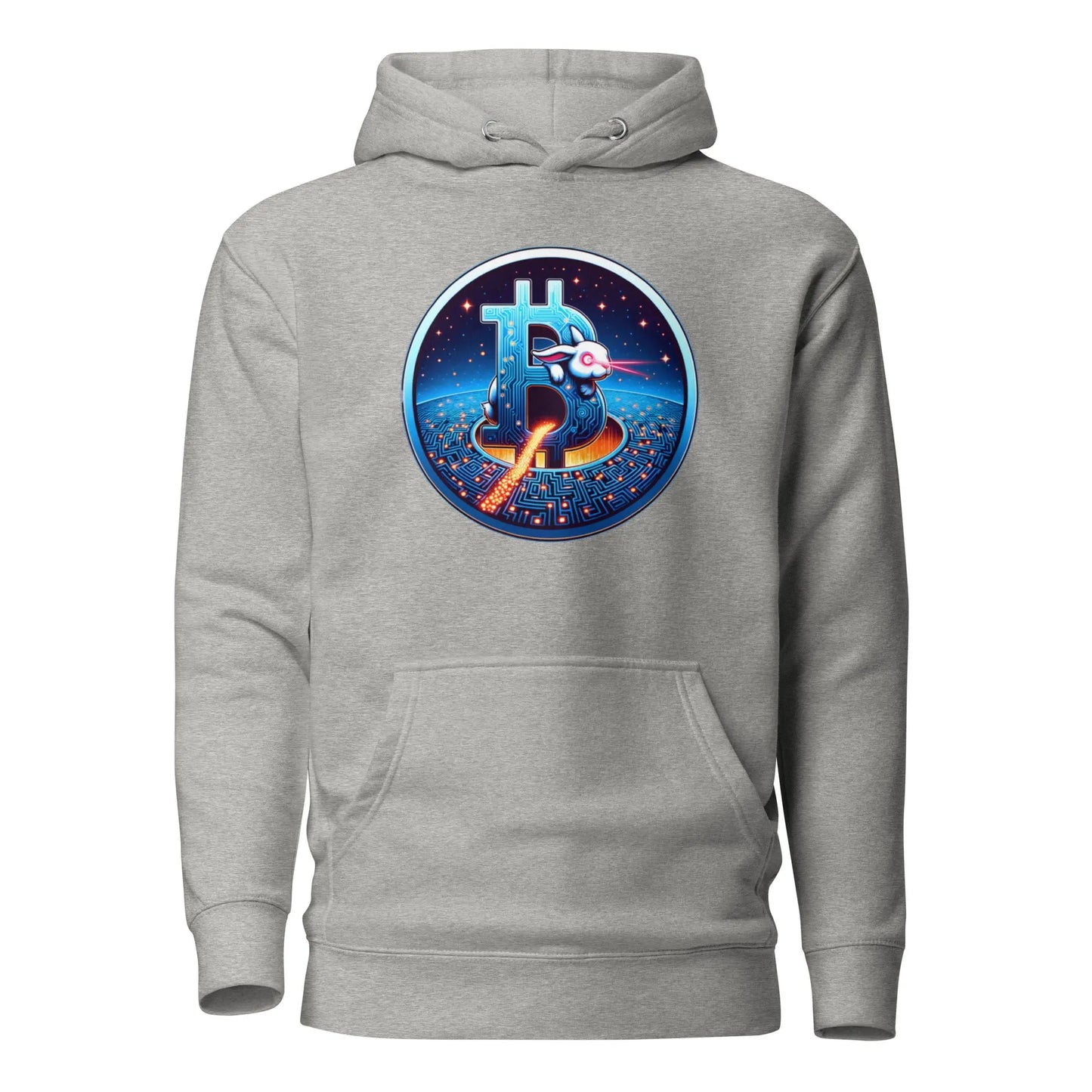 bitcoin hoodie - laser eyes rabbit - front view - grey