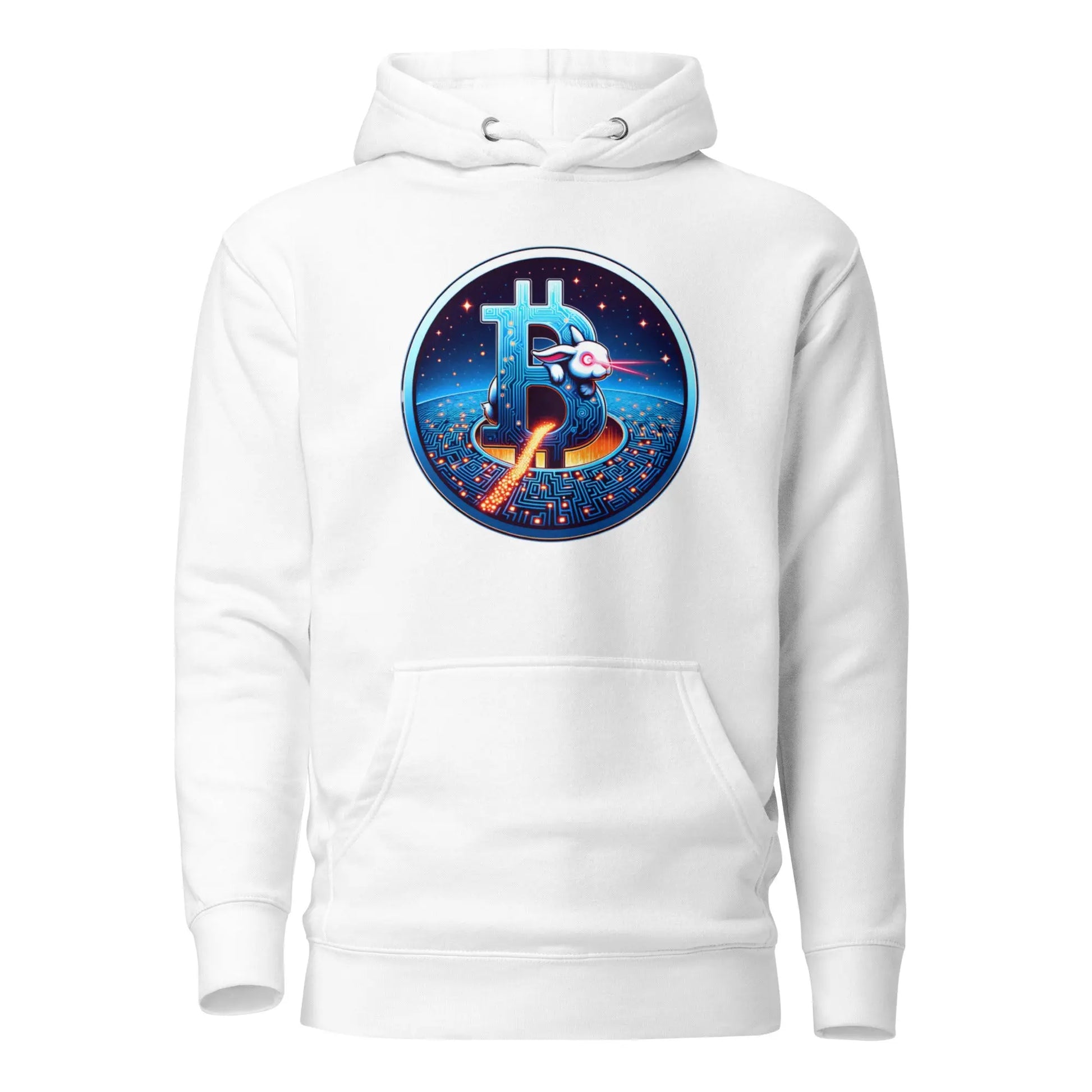 bitcoin hoodie - laser eyes rabbit - front view - white