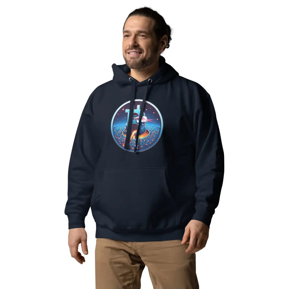 bitcoin hoodie - laser eyes rabbit - worn on male model - navy