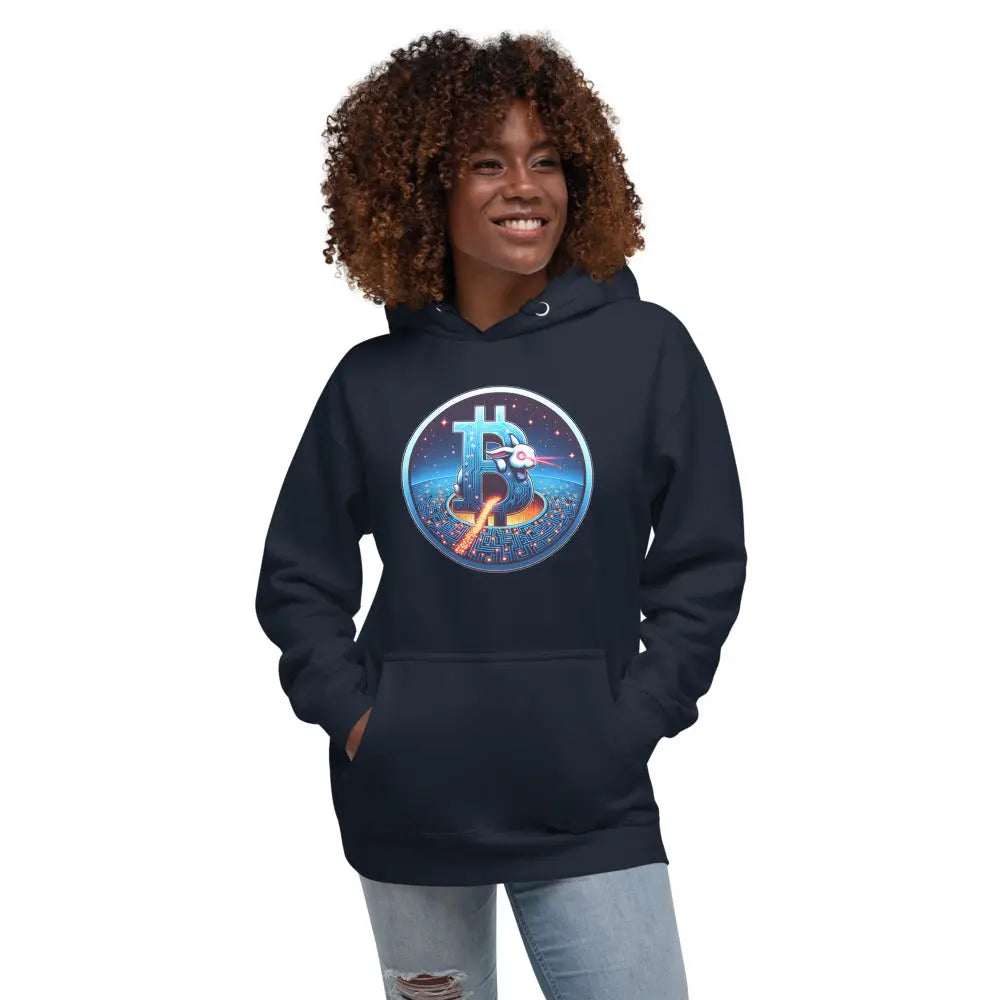 bitcoin hoodie - laser eyes rabbit - worn on model - navy