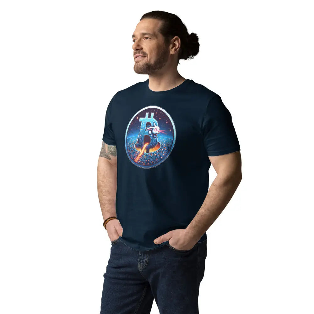 Bitcoin T-Shirt – Laser Eyes Rabbit - worn on male model — navy blue