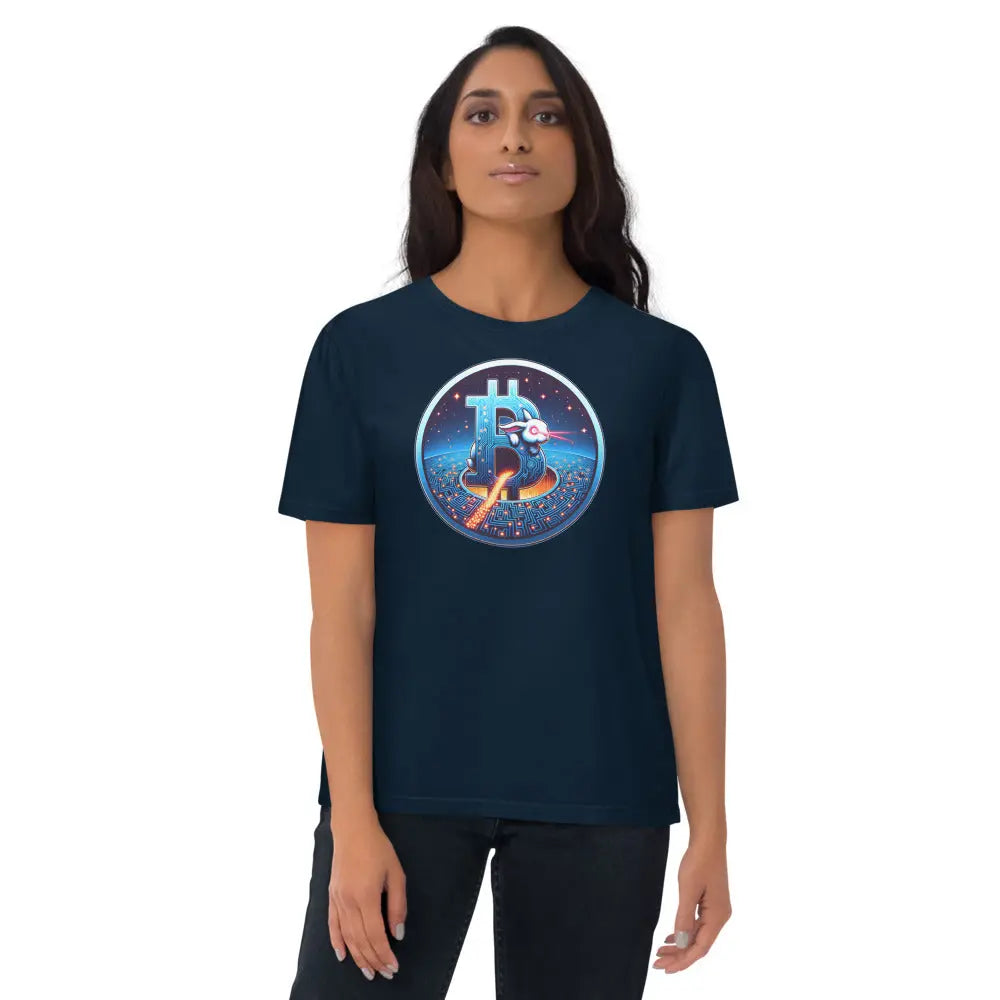 Bitcoin T-Shirt – Laser Eyes Rabbit -worn on model — navy blue