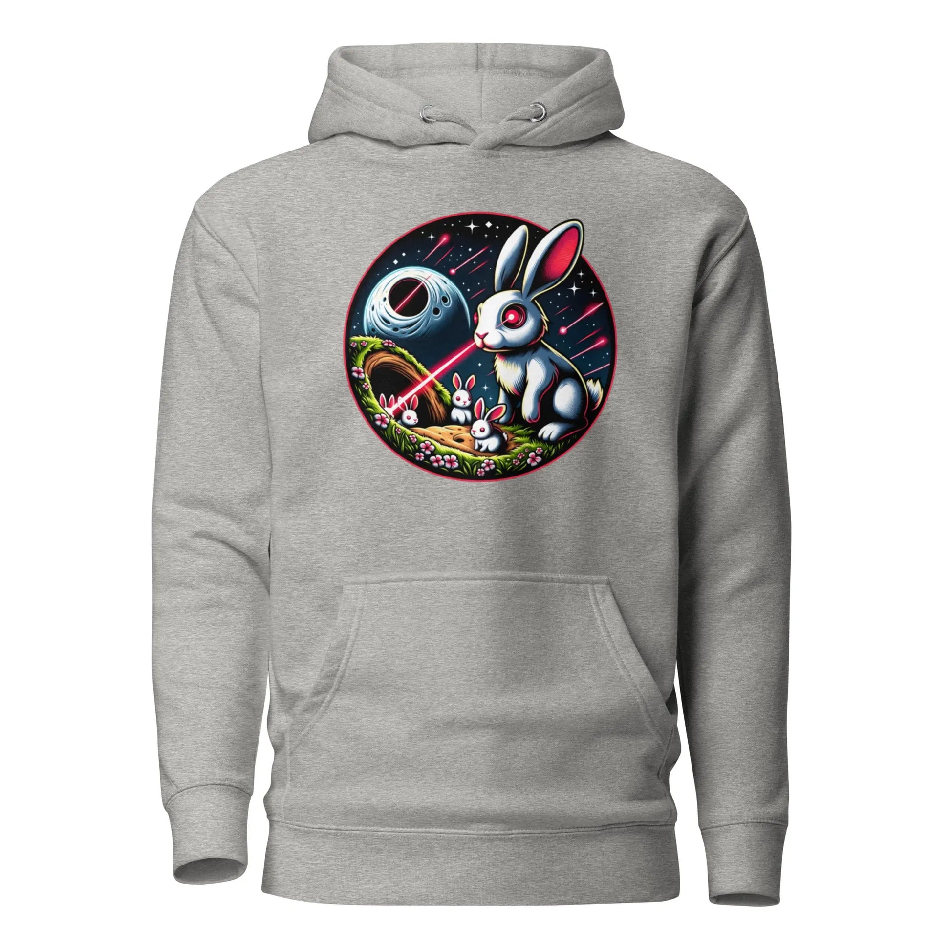 bitcoin hoodie - laser eyes rabbit family - front view - grey